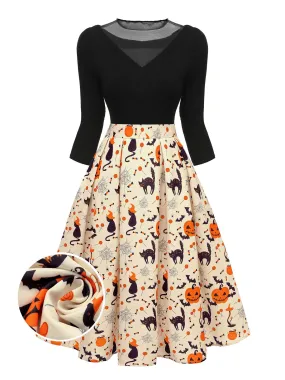 1950s Halloween Pumpkin Cat Knitted Top Patchwork Dress