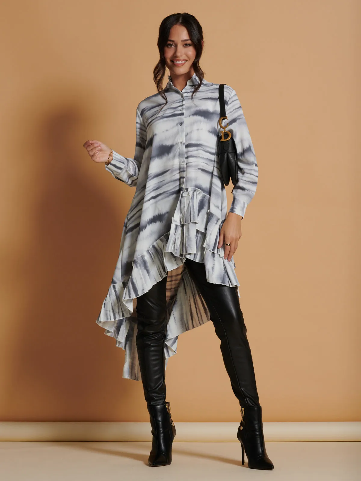 Asymmetric Hem Oversized Shirt, White Abstract