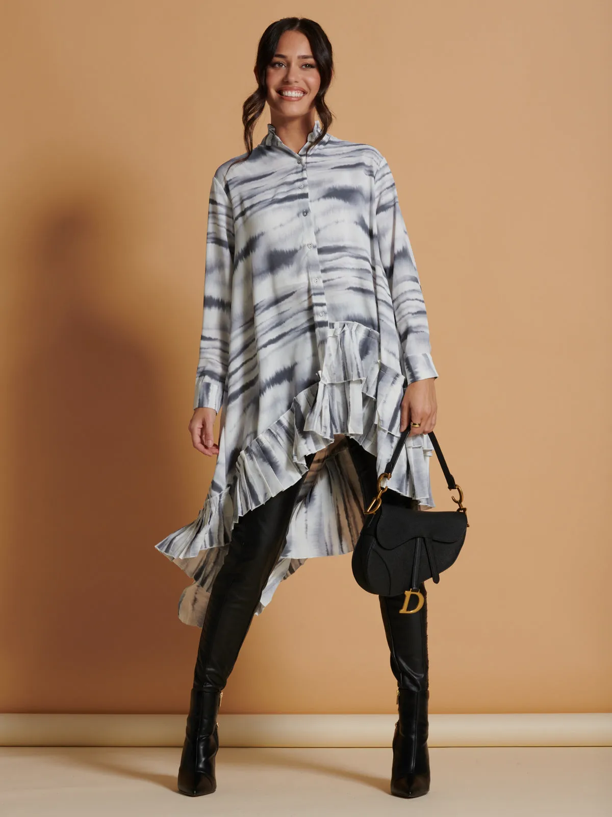 Asymmetric Hem Oversized Shirt, White Abstract