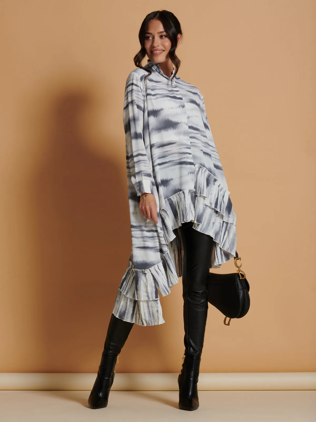 Asymmetric Hem Oversized Shirt, White Abstract