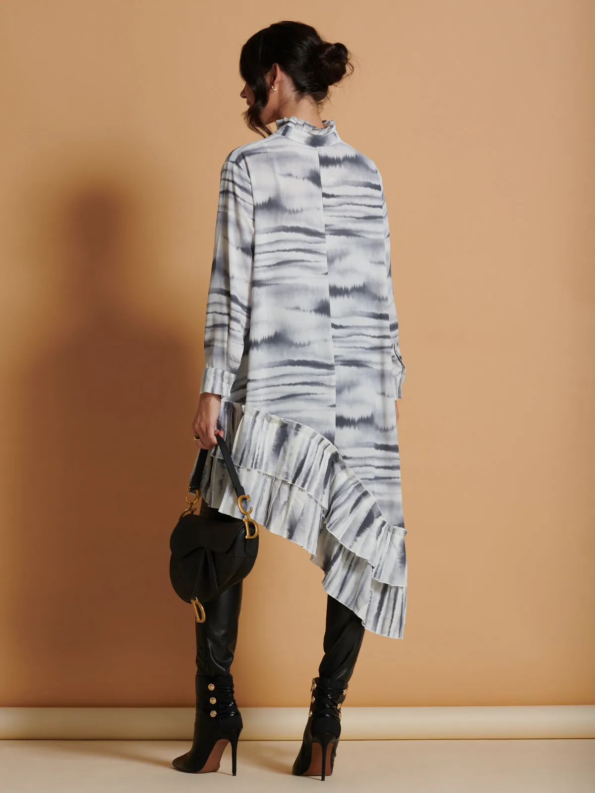 Asymmetric Hem Oversized Shirt, White Abstract