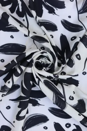 Black and Ivory Floral Pattern Printed Natural Muslin Silk Fabric