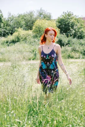 Butterfly 'Nectar' print silk slip dress with crystals and mushrooms Small