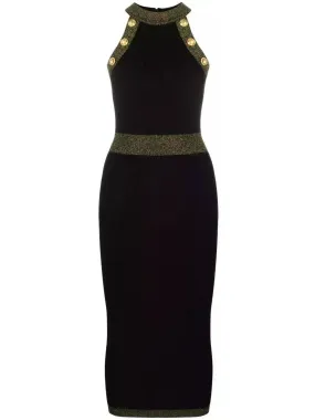 Button-Detailed Halter-Neck Knitted Midi Dress, Black