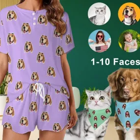 Custom Cat Dog Face Solid Color Pajama Set Women's Short Sleeve Loungewear Athletic Tracksuits and Pet Dog Bandana