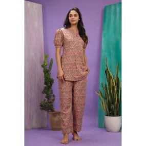 Delicate Jaal On Peach Loungewear Top Set