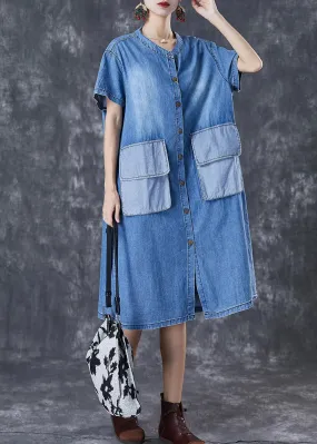 French Blue Oversized Patchwork Pockets Cotton Vacation Dresses Fall ML3009