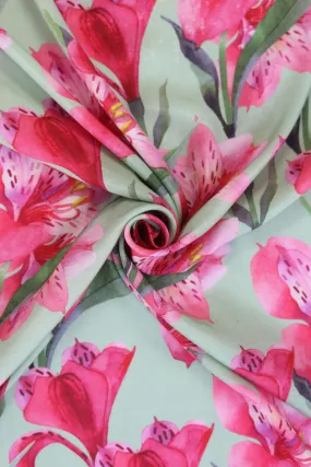 Green and Pink Lilies Pattern Printed Natural Muslin Silk Fabric