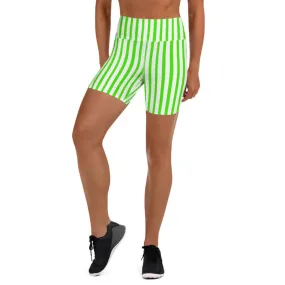 Green White Striped Vertical Print Women's Yoga Workout Shorts- Made in USA/ EU