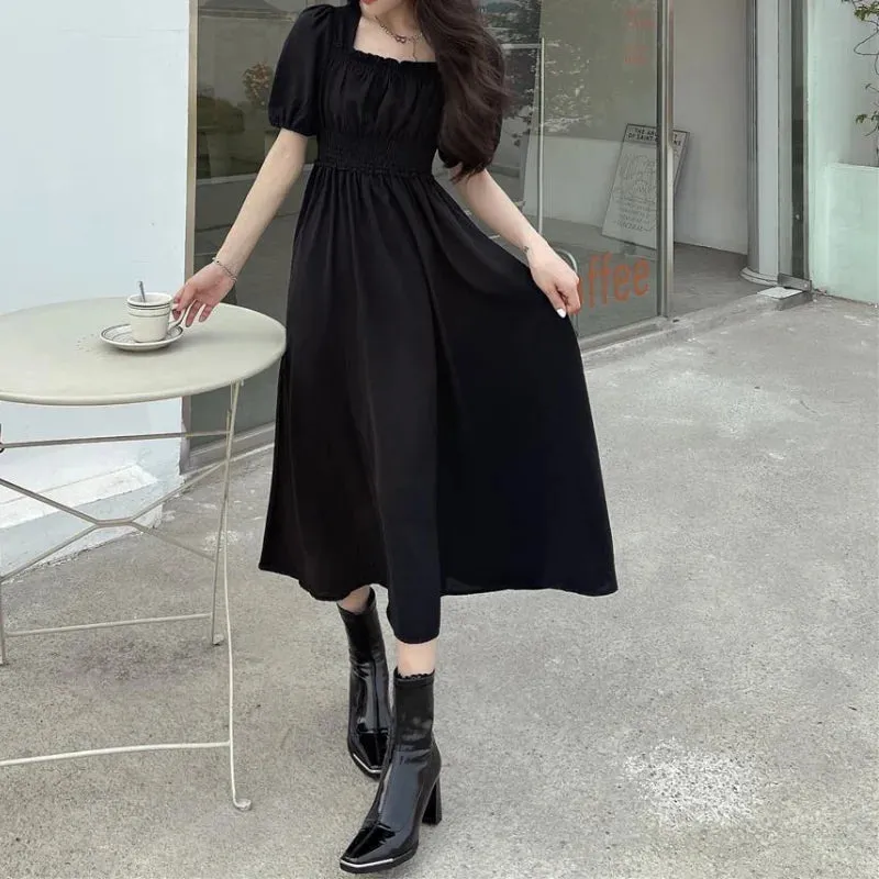 Hnzxzm Black Vintage Midi Dress Elegant Women Dresses Square Collar Puff Sleeve Oversized Loose Casual Sundress Female Robe