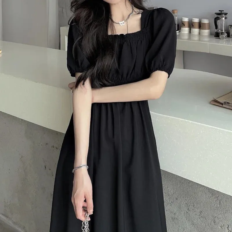 Hnzxzm Black Vintage Midi Dress Elegant Women Dresses Square Collar Puff Sleeve Oversized Loose Casual Sundress Female Robe