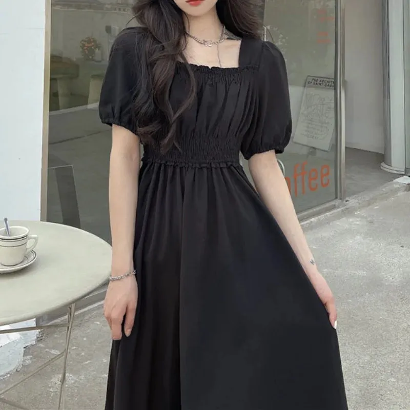 Hnzxzm Black Vintage Midi Dress Elegant Women Dresses Square Collar Puff Sleeve Oversized Loose Casual Sundress Female Robe