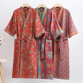 Hnzxzm Couple's Dressing Gowns Vintage Print Loungewear Double Layer of Cotton Bathrobes Women's Pajamas Absorb Water and Dry Quickly