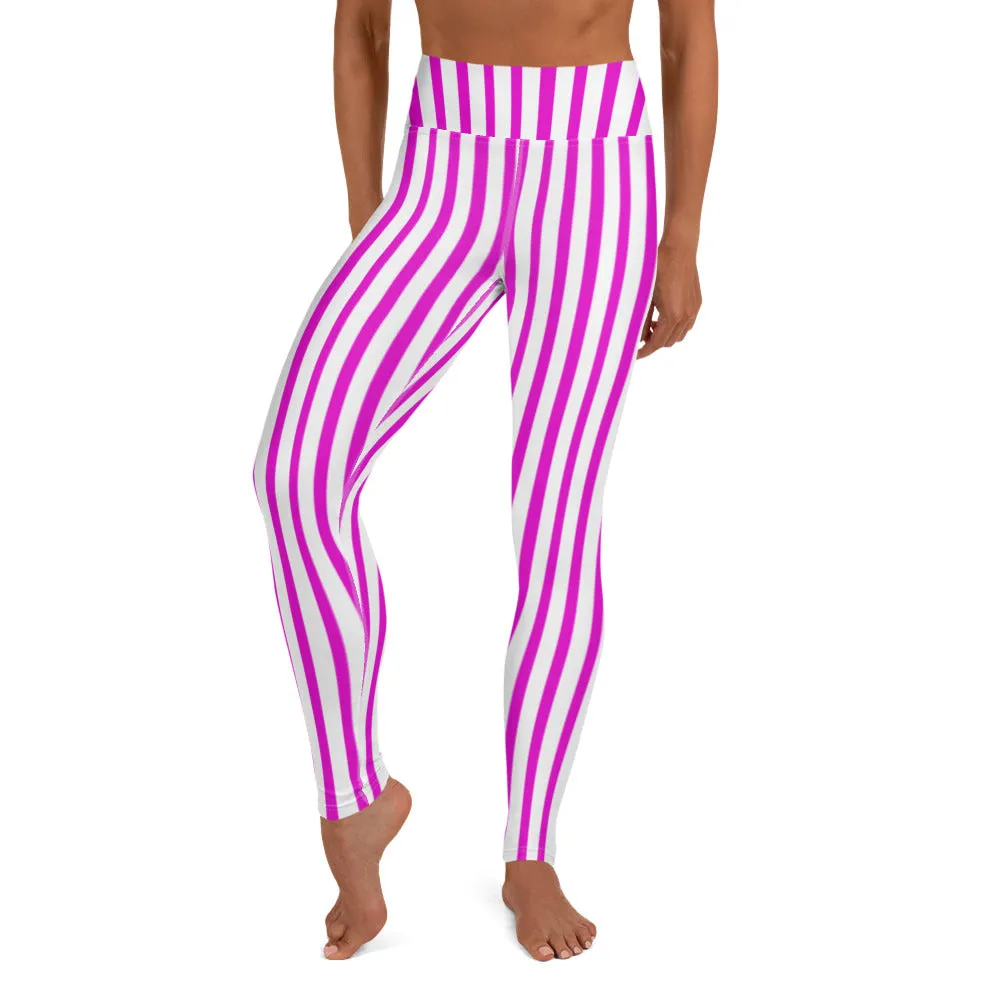 Hot Pink Striped Yoga Leggings, Best Vertical Stripes Women's Long Tights-Made in USA/EU