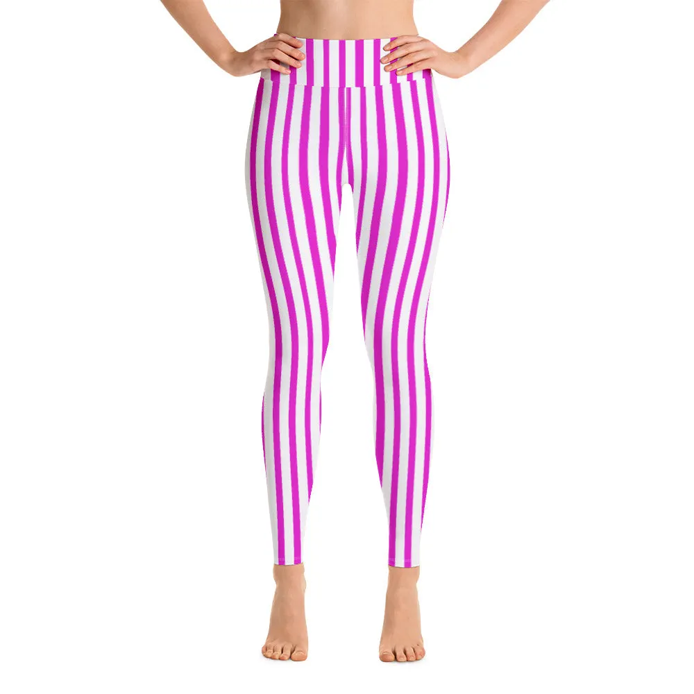 Hot Pink Striped Yoga Leggings, Best Vertical Stripes Women's Long Tights-Made in USA/EU
