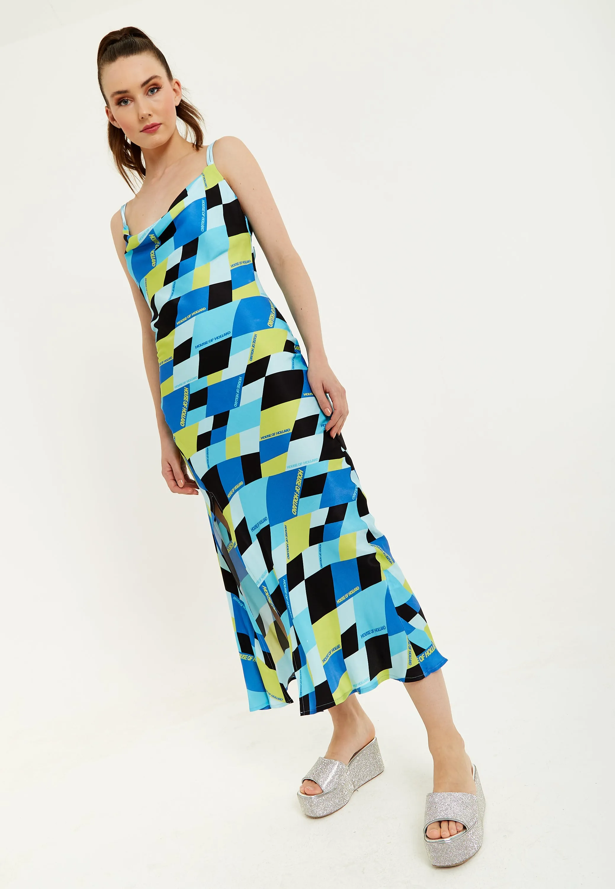 House Of Holland Blue And Black Printed Midi Dress With Cowl Neck