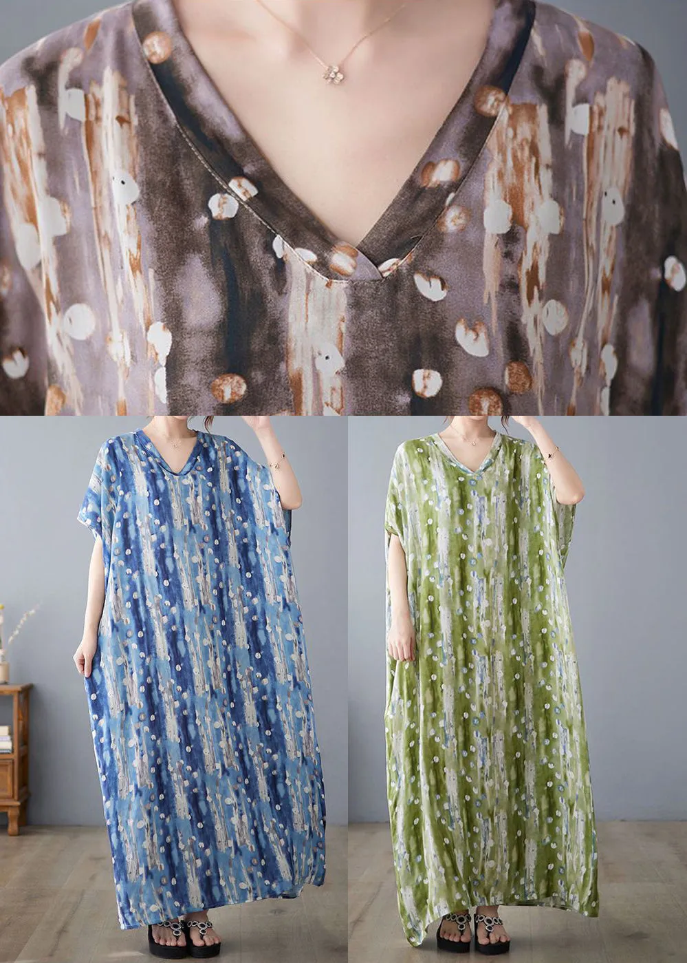 Khaki Print Linen Dresses Caftan Oversized Summer LY0891