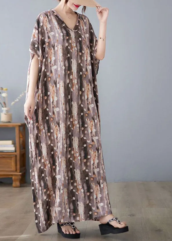 Khaki Print Linen Dresses Caftan Oversized Summer LY0891