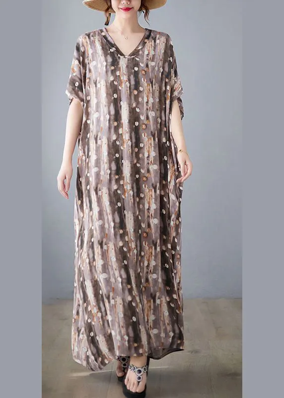 Khaki Print Linen Dresses Caftan Oversized Summer LY0891