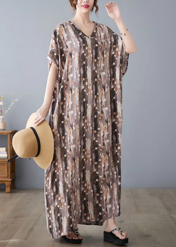 Khaki Print Linen Dresses Caftan Oversized Summer LY0891