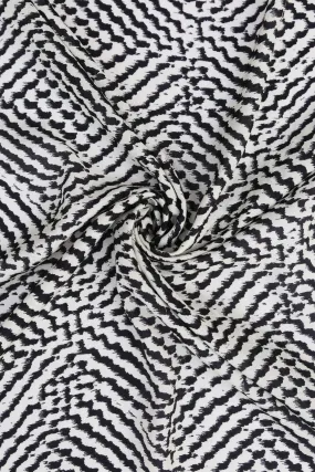 Off White and Black All Over Geometric Print Natural Muslin Silk Fabric