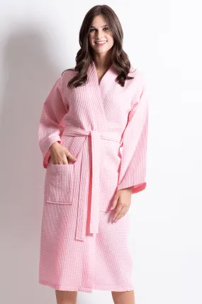 Premium Women's Long Waffle Cotton Turkish Bathrobe, Kimono Style, Luxury Robe Poly blend (Pink)