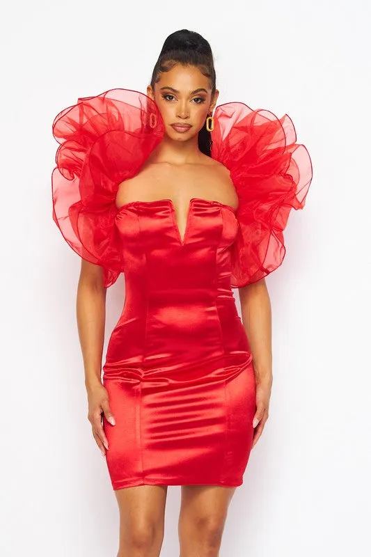 Red Wire Organza Ruffle Mini Dress