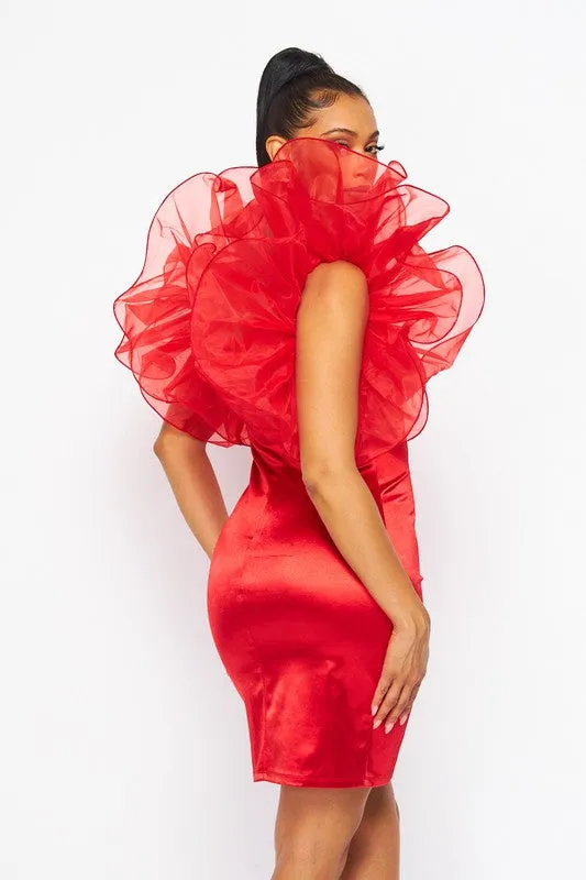 Red Wire Organza Ruffle Mini Dress