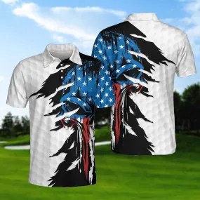 Skull American Ripped Golf Polo Shirt, White American Flag Polo Shirt, Patriotic Golf Shirt For Men Coolspod