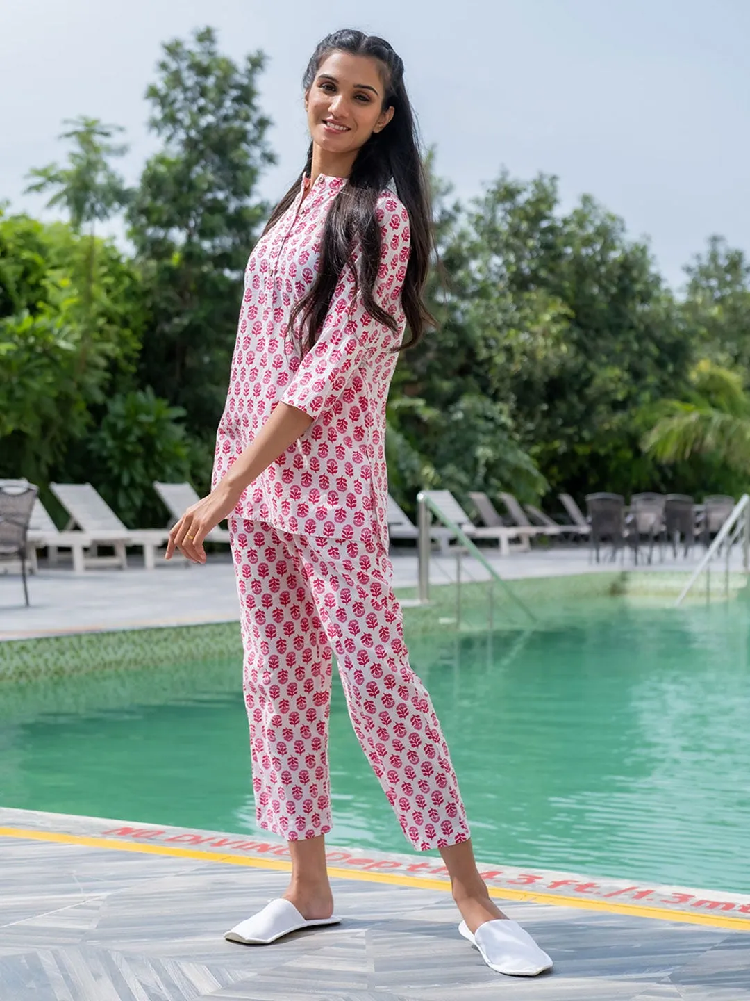 White Ethnic Print Cotton Loungewear Set with Side Pockets