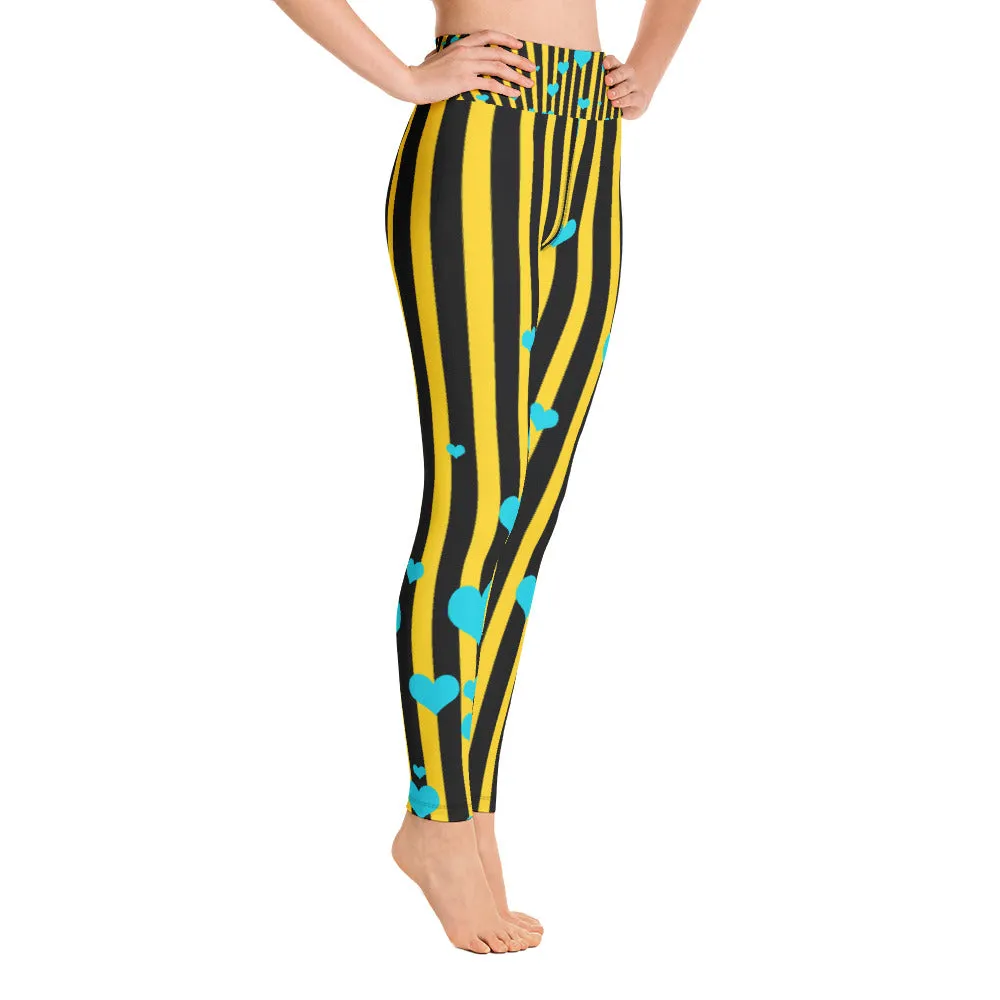 Yellow Black Striped Leggings, Women's Active Wear Fitted Yoga Tights -Made in USA/EU