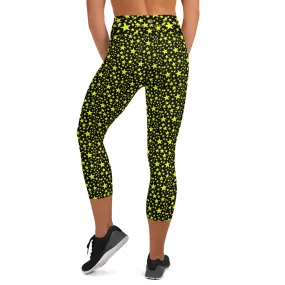 Yellow Rock Star Capri Leggings, Star Pattern Black Women's Yoga Pants-Made in USA/EU